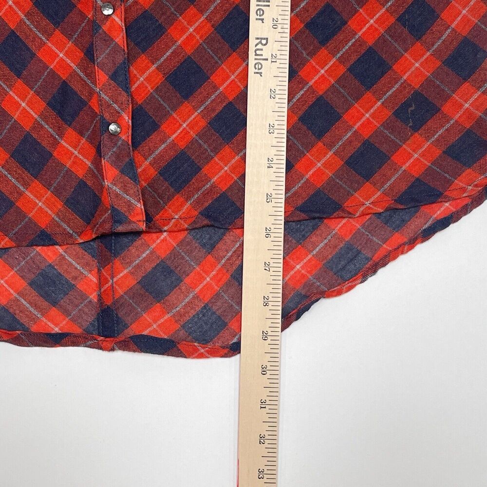 Free People Top Medium Orange Blue Plaid Snap‎ Button Front Relaxed Sheer Hi Low - Picture 10 of 10